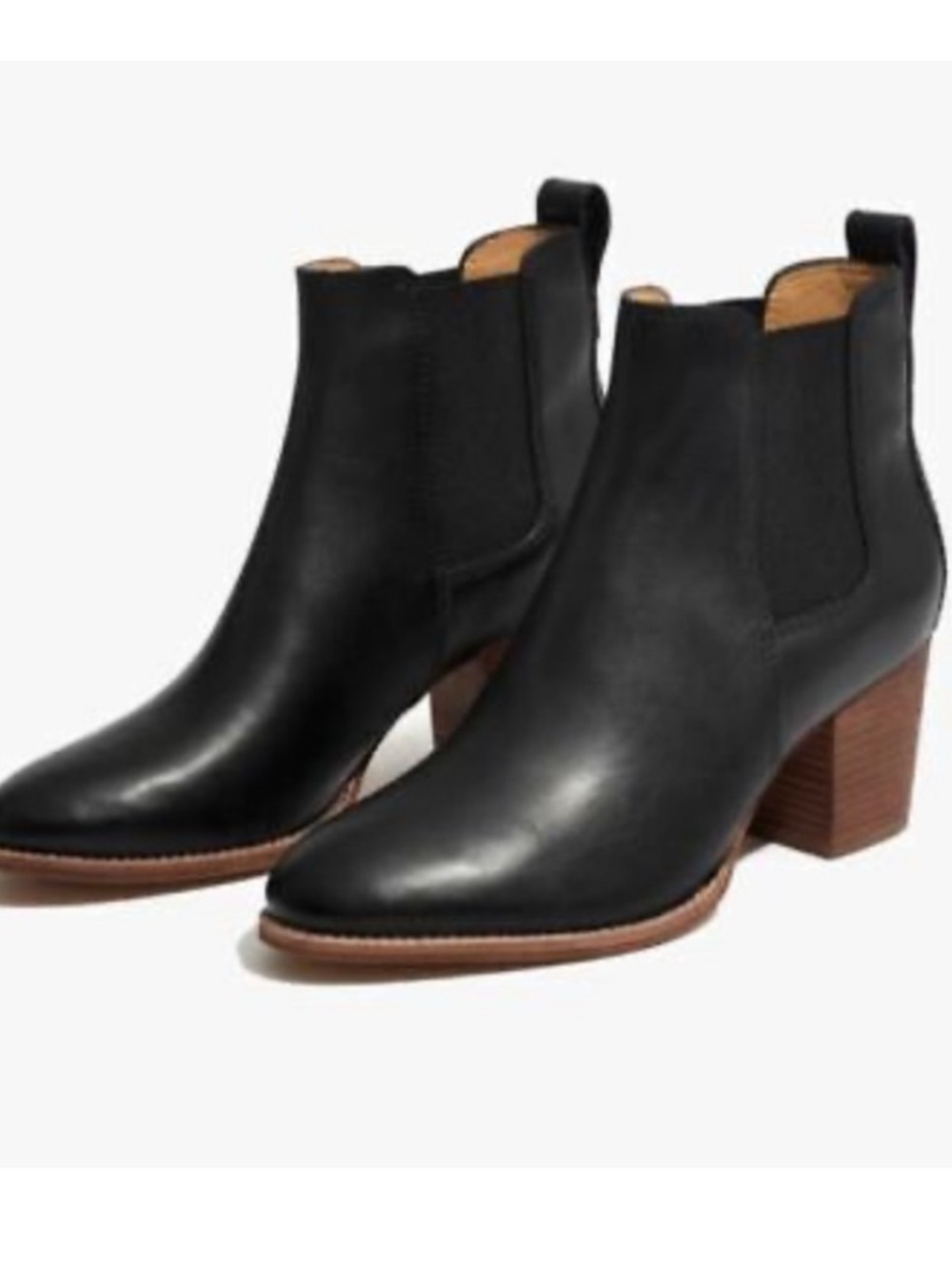 Madewell Black Leather Chelsea Ankle Boots with Brown Stacked Heel